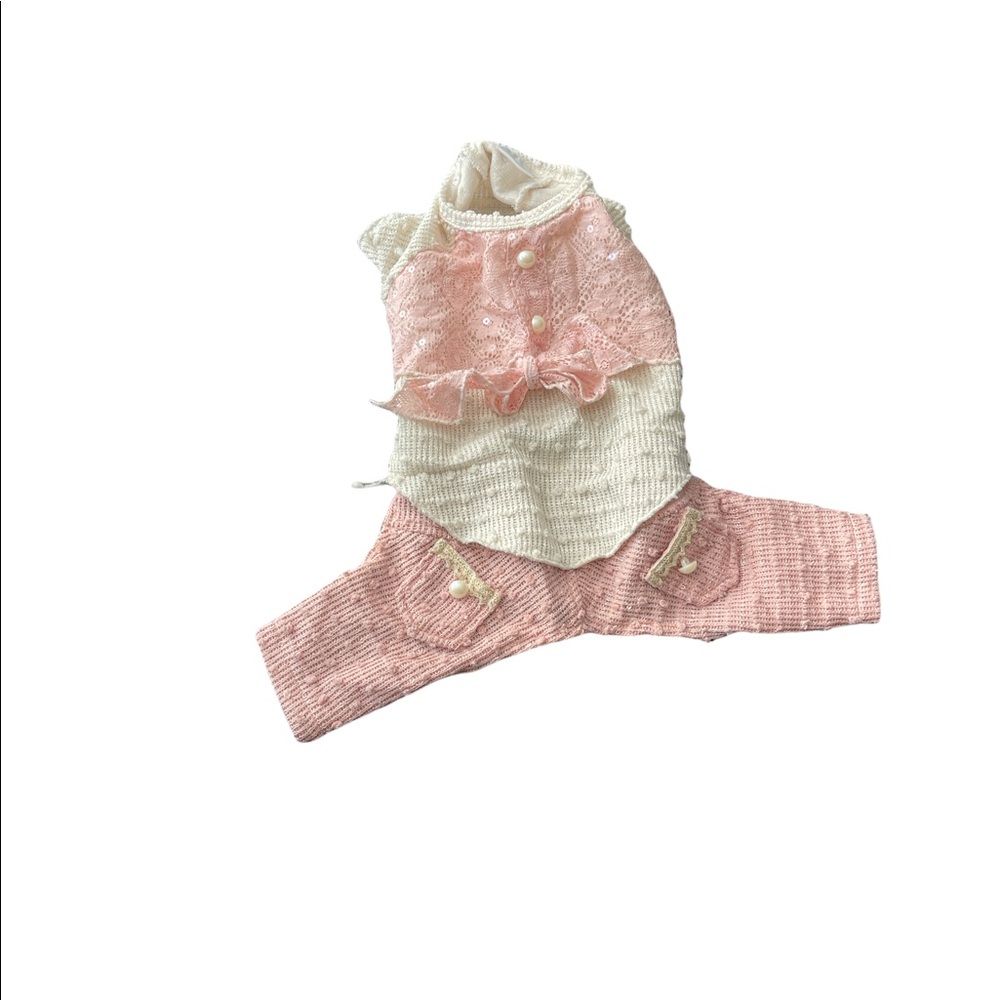 Wooflink all-in-one sequin and lace sweater with “pearl” button accents